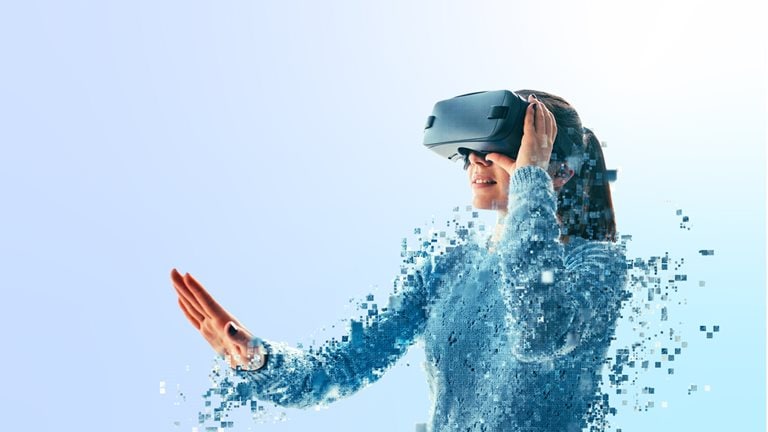 Illustration of a woman disintegrating while looking into a virtual reality headset