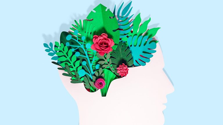 Digital illustration of flowers and plants inside the brain of a silhouette figure