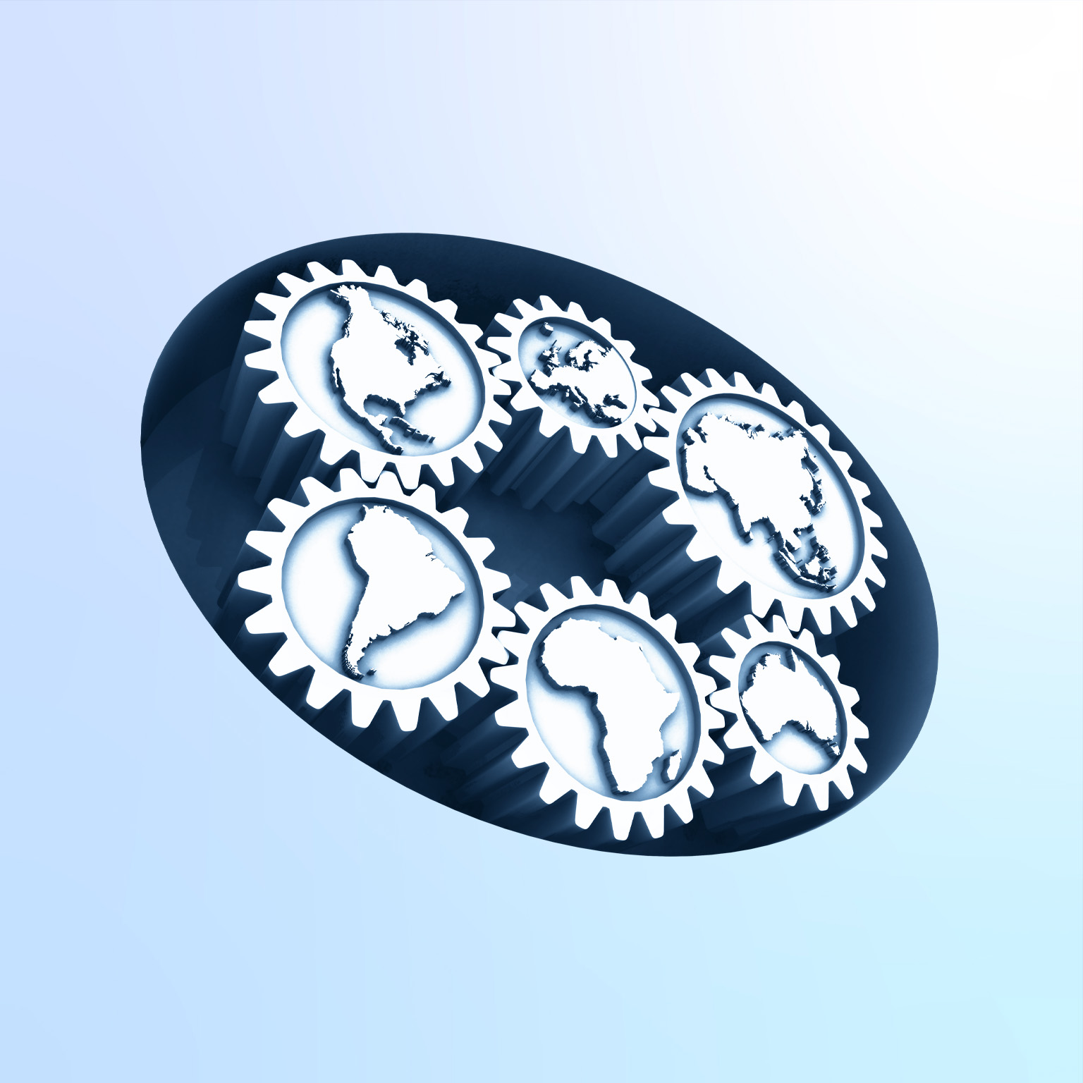 Digital illustration of continents on cogwheels