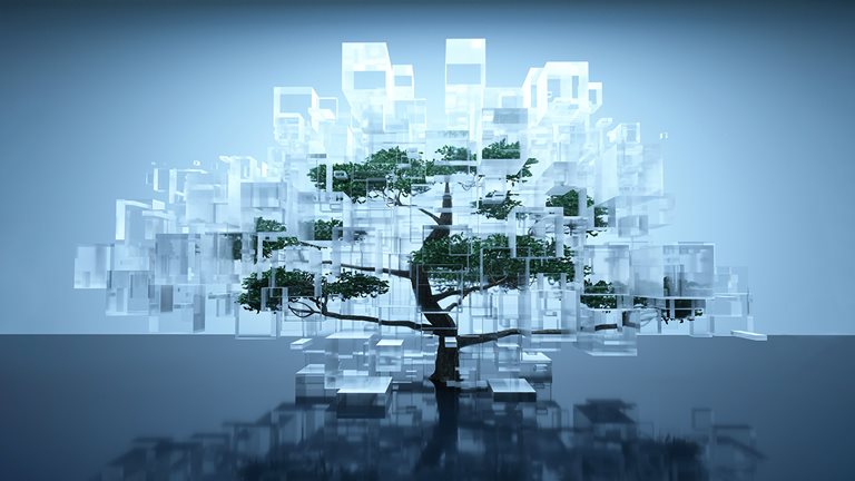 Digitally generated image of a tree inside glass containers on a blue background