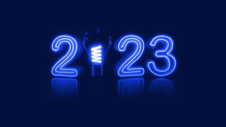 Stock photo of the number 2023, with the 0 represented as a lightbulb
