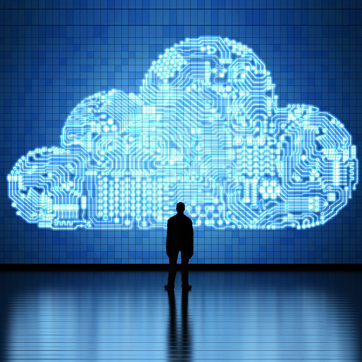 Silhouette of man standing in front of digital cloud illustration