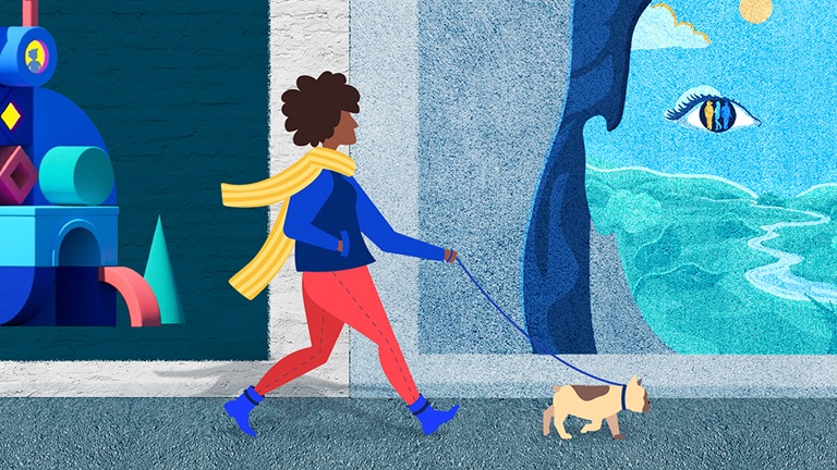 Image description:

An illustration of a woman walking her dog on the sidewalk in an urban setting. In the background, different building facades show portions of feature illustrations from past editions of the McKinsey Quarterly Five Fifty.

End of image description.