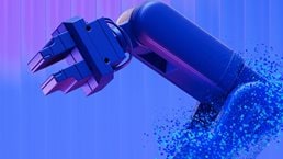 Robotic arm dissolving into particles on blue background.