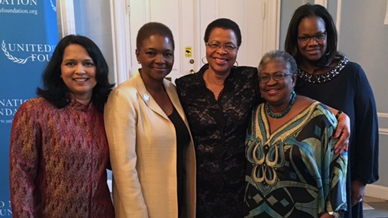Anu Madgavkar, Valerie Amos, Graça Machel, Ngozi Okonjo-Iweala and Vivian Hunt at a UN Foundation Board Dinner hosted by the Crown Princess of Denmark