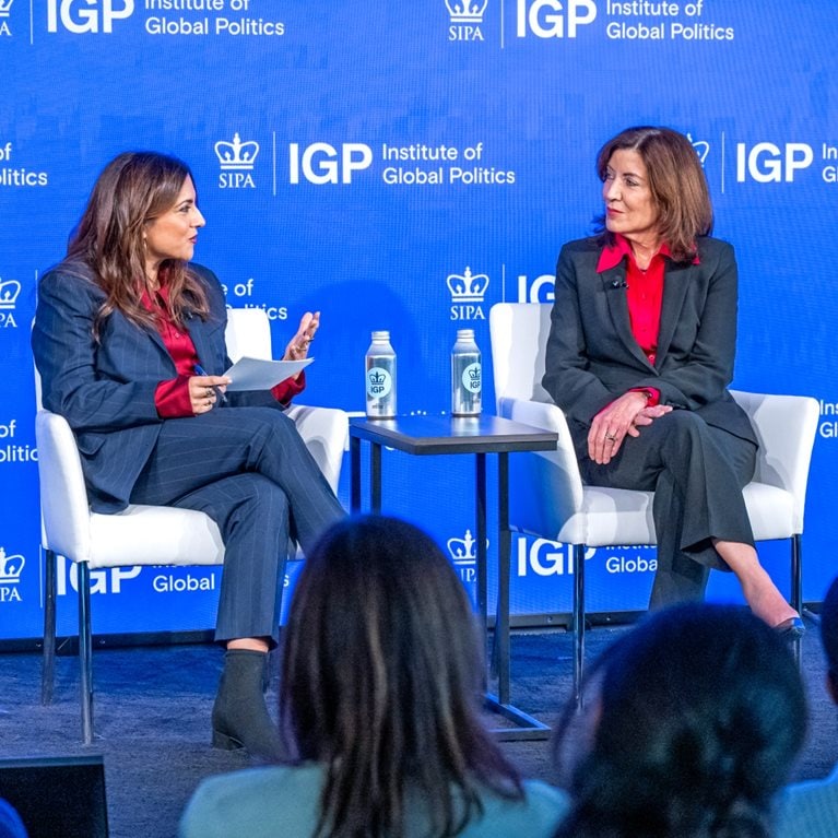 Founder and CEO of Moms First Reshma Suajani with Kathy Hochul, Governon of New York at the launch event for the report on parental leave