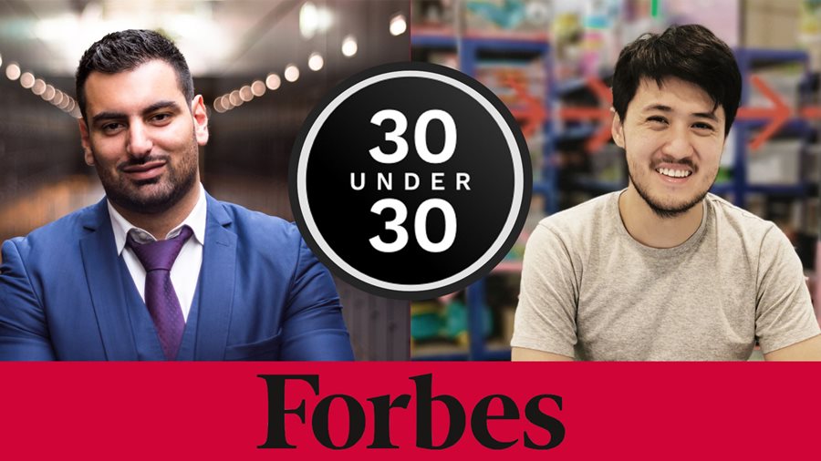 Headshot of two alumni with the Forbes logo
