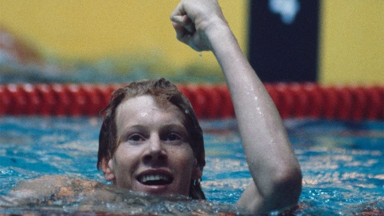 Bengt Baron in the swimming pool realizing he won the gold medal in the 1980 Moscow Summer Olympics