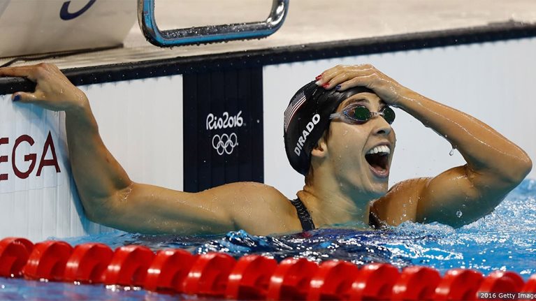 Maya DiRado in the swimming pool realizing she won a medal at the 2016 Rio Summer Olympics