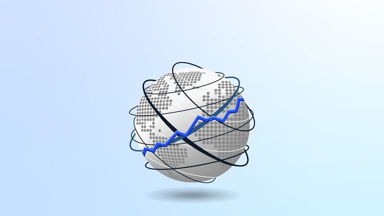 A white sphere features a dotted map design on its surface, adorned with various thin and thick dark blue lines that encircle it in various directions. One striking bright blue graph line follows an upward path, wrapping around the center of the globe.