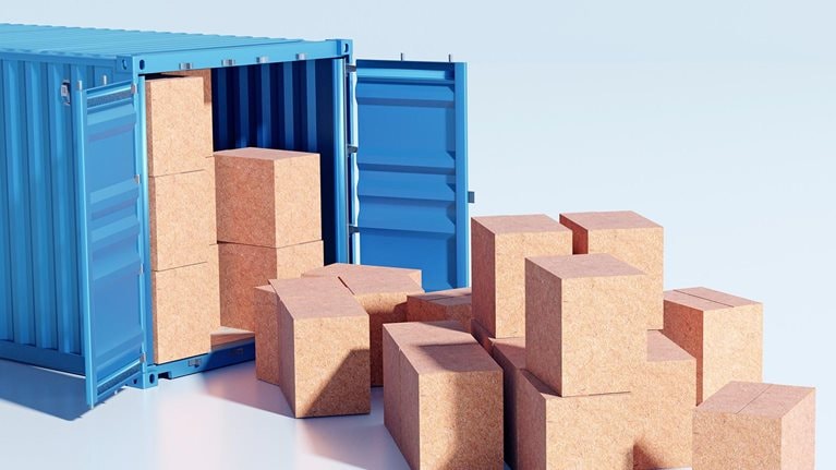 3D rendering of a cargo container with small boxes falling out