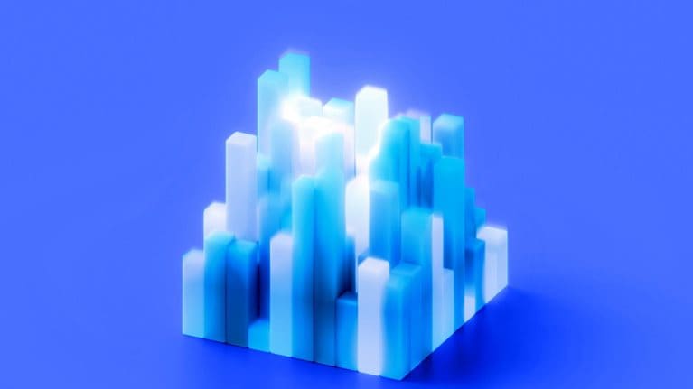 A cluster of glowing, abstract 3D rectangular bars in varying heights, arranged to resemble a data visualization. The scene is set against a smooth blue background, giving the composition a clean, modern, and digitally inspired feel.