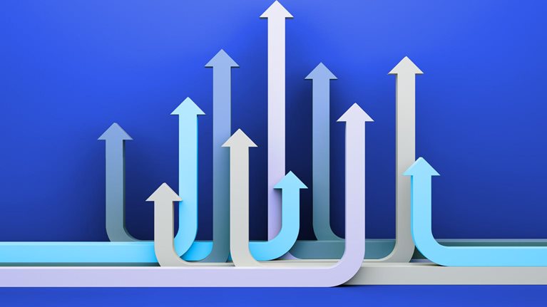 A series of stylized arrows in varying heights and shades of blue and gray, all curving upward against a solid blue background. The composition suggests growth, progress, or increasing momentum in a clean, abstract, and modern visual style.