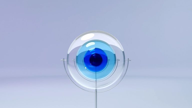 A sculpture made of four glass lenses, supported by delicate metal structures, creates an abstract display. The lenses, with their opaque blue hues and varying sizes, sway to eventually align and resemble an eye and iris.
