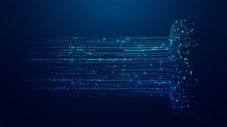 The image displays an abstract visualization of data flow, often used as a background to represent concepts like big data, artificial intelligence, or digital networking.