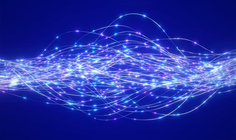 Luminous lines woven with glowing nodes evoking a sense of advanced technology, depicting the continuous transmission of data or energy within complex networks.