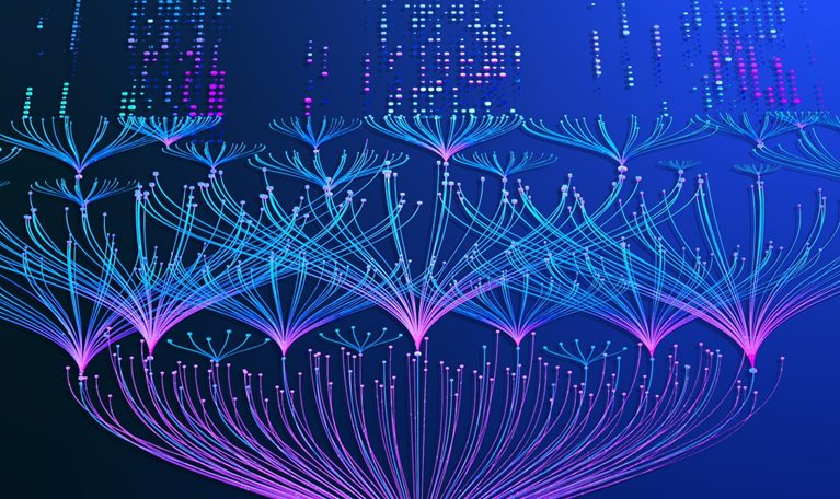 A single line moves across the screen and forms a small node, the branches out to form more lines and nodes which stretch across the screen. The visual is rendered in bright blues and purples and set against a dark gridded background.