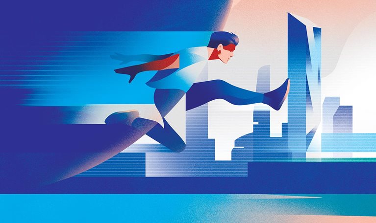 The image is a stylized illustration depicting a person in motion, leaping over a cityscape.