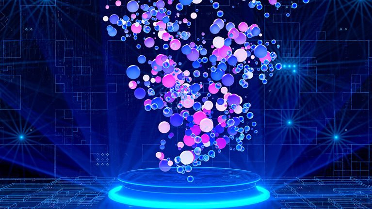 A 3D abstract image of a group of colored balls hovering over a digital, brilliantly blue-lit ringed pedestal.