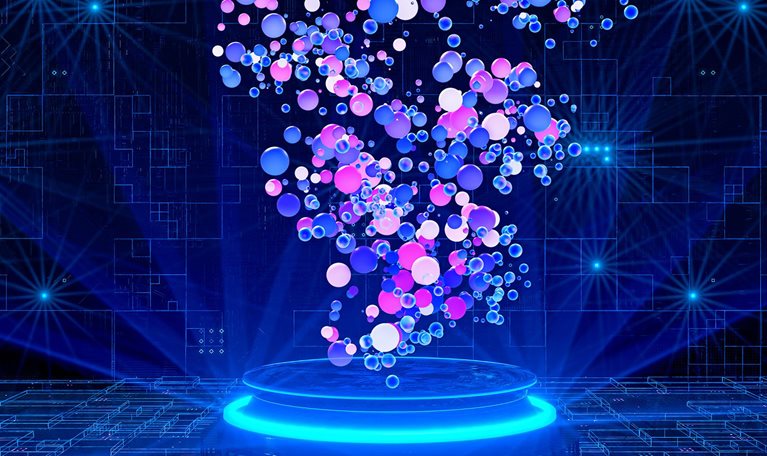 A 3D abstract image of a group of colored balls hovering over a digital, brilliantly blue-lit ringed pedestal.