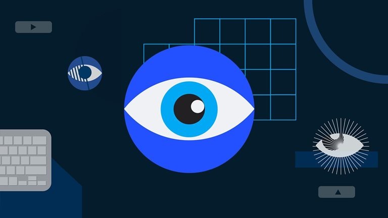 Abstract digital illustration featuring a large blinking eye in the center with geometric shapes, a keyboard and two smaller interpretive drawings of eyes around it