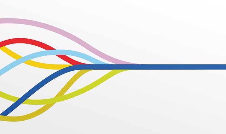 Multiple differently colored lines merging into single line ahead. - stock illustration