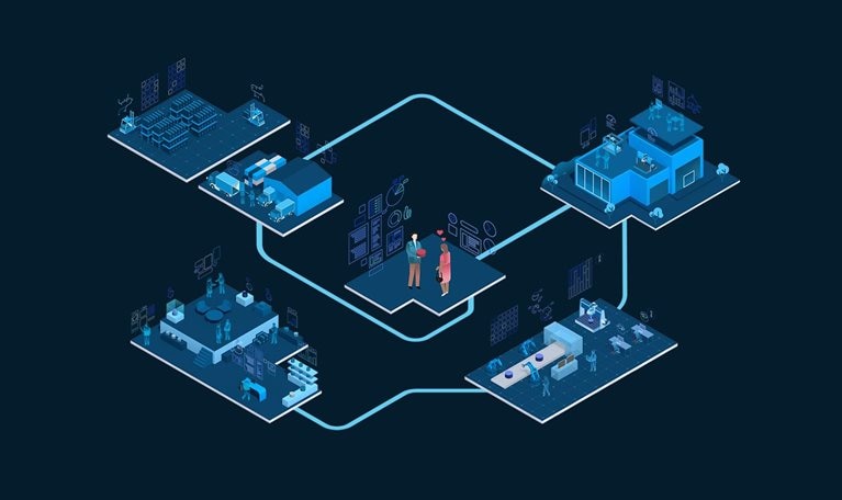 Five interconnected scenes of the enterprise metaverse, each showing people in different work environments.