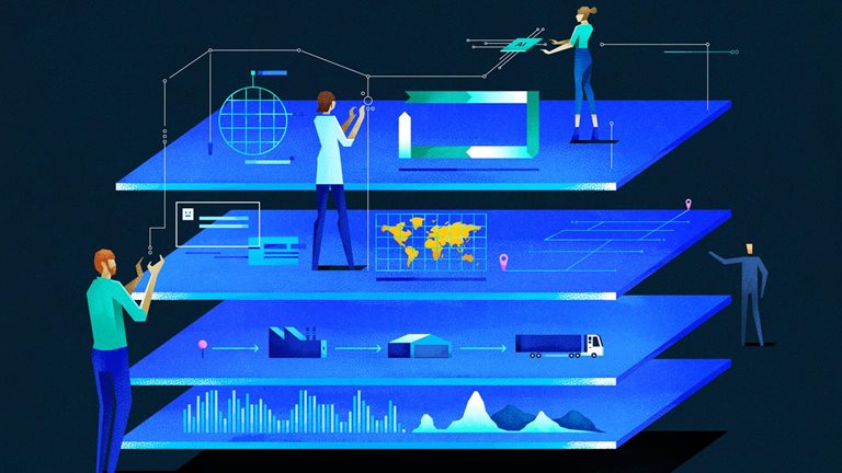 Isometric Illustration of people collaborating around a multi-layered structure representing data analysis and global supply chain management. 