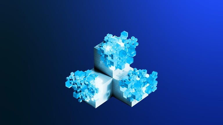 Three sets of futuristic blue cubes constructed from smaller cubes merging to form a singular composition. The edges of the three primary cubes are converging and emitting a luminous aura.