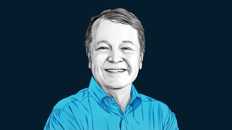 A hand-drawn illustration of John Chambers. The drawing features precise lines and subtle shading, using black and white tones for face and blues for attire.