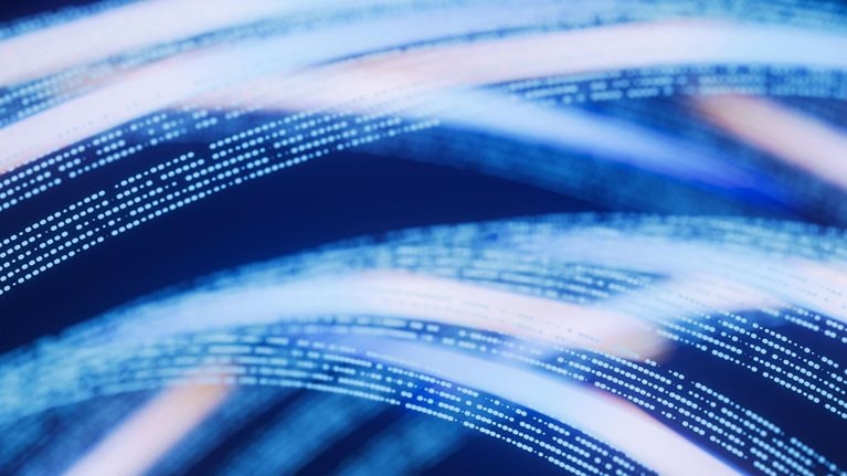 A glowing particle and light network communication on a black background.