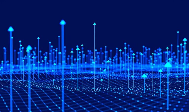 A digital landscape of interconnected nodes and upward-pointing arrows, visualized in vibrant blue.