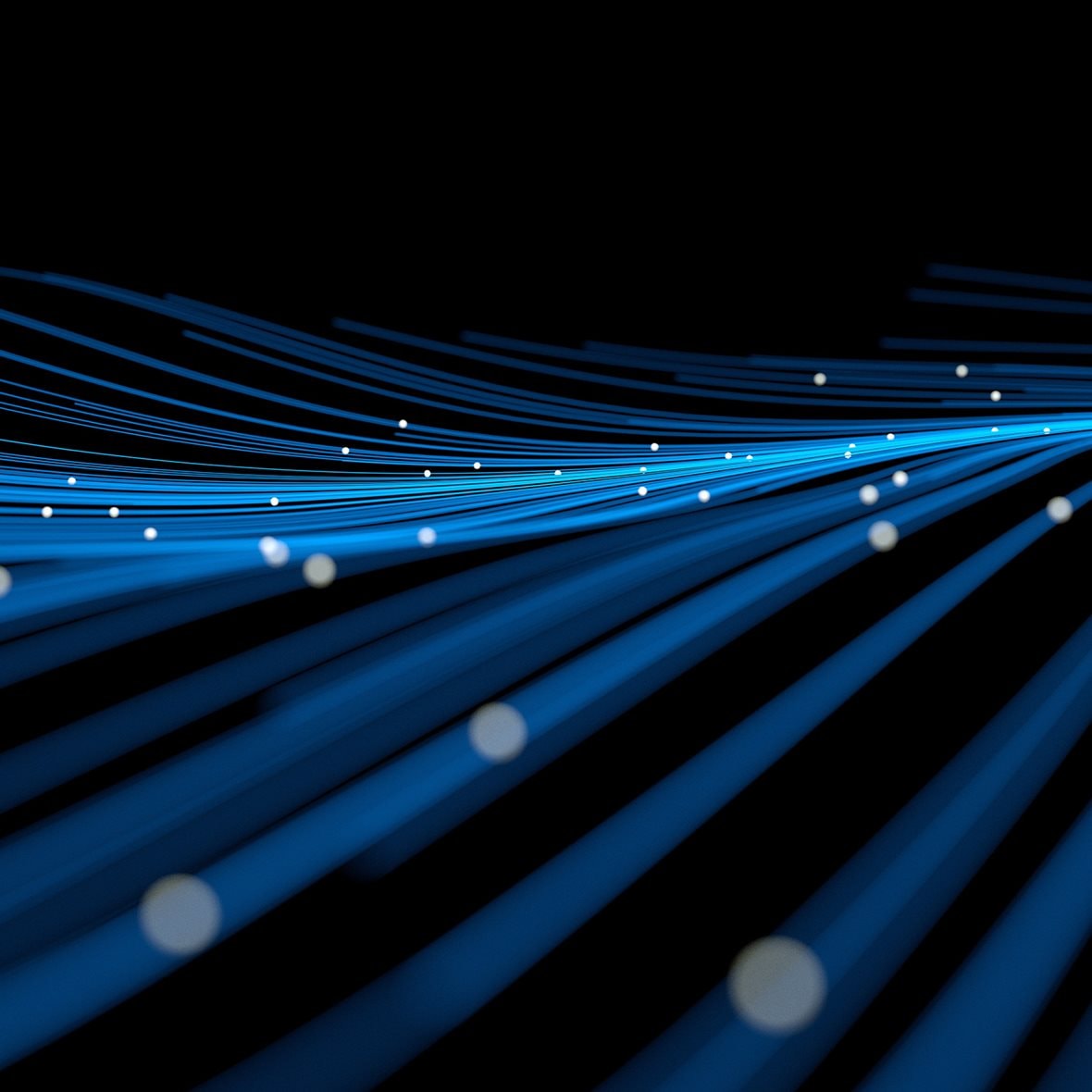 Blue technology background of undulating lines with glowing orbs floating above. - stock photo