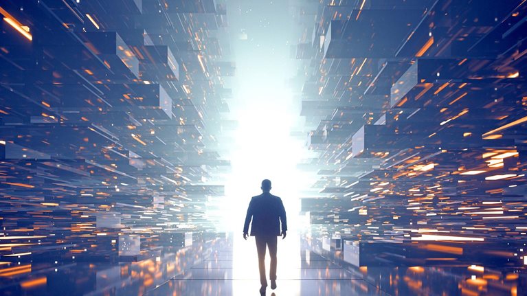 A human figure steps into a futuristic space filled with data particles, reflecting the journey of digital transformation.