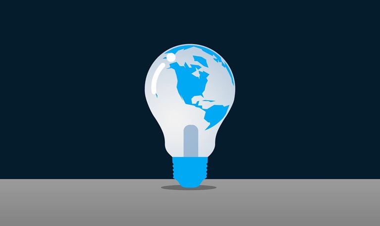 This graphic image depicts a lightbulb containing a stylized map of the Earth's continents. It is a commonly used visual metaphor representing concepts such as global ideas, innovation, and technology.