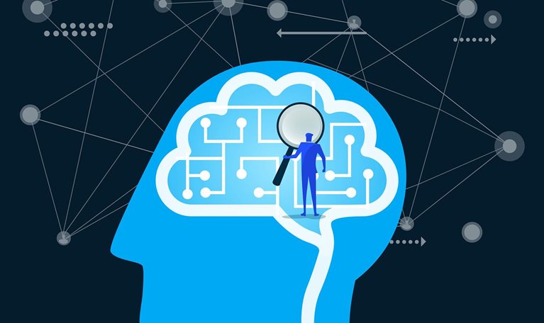 Man exploring artificial intelligence brain with magnifying glass.