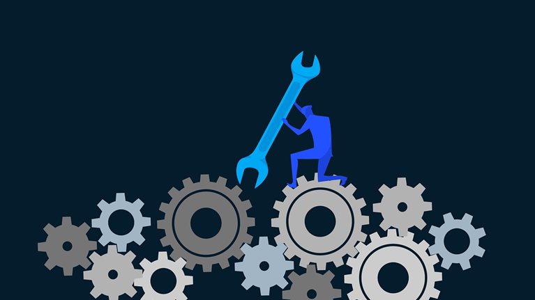 Illustration of mechanic working on giant gears