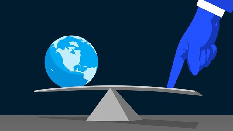 This image is a metaphorical illustration depicting the concept of global inequality or the delicate balance of power in international affairs.