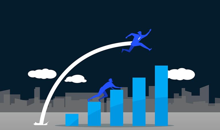 Illustration of one person climbing up bar chart, other person leaping, overtaking them, above.