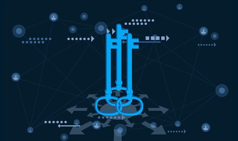 This image is a digital illustration representing cybersecurity and digital access. It features stylized blue keys, which symbolize security, data protection, and authentication.