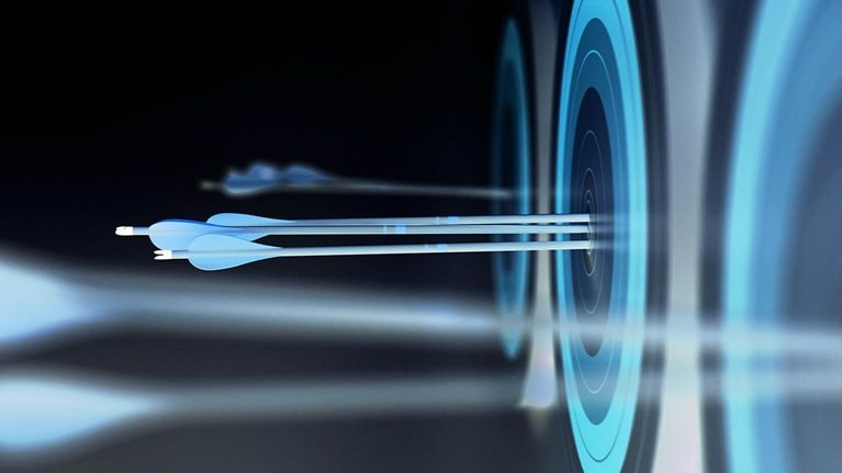 Three artistic pack of arrows hit target.