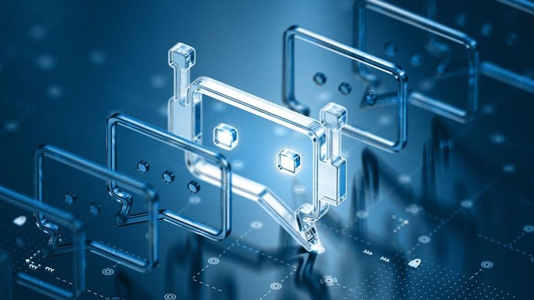 This image is a conceptual 3D visualization representing AI technology and communication, commonly used in marketing and motion graphics.