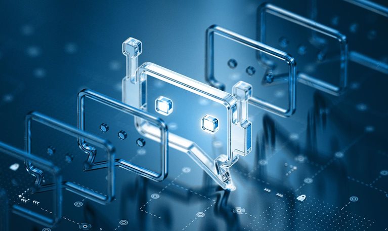 This image is a conceptual 3D visualization representing AI technology and communication, commonly used in marketing and motion graphics.