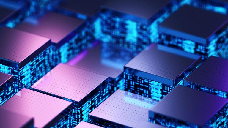 The image appears to show an abstract digital rendering of microchips or processor blocks in shades of blue and purple.
