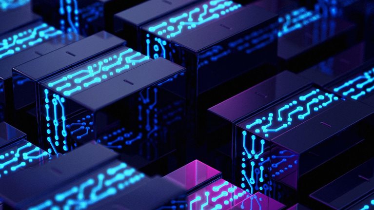 Network concept. Multiple computer chips lined up, glowing against the darkness.