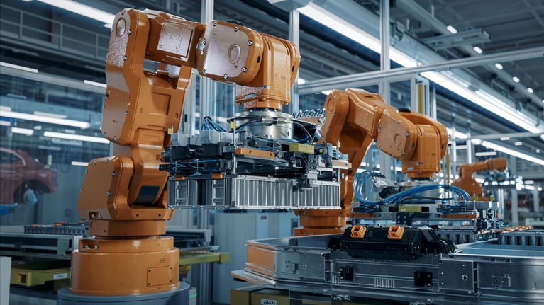 Advanced orange industrial robot arm assemble EV battery pack on automated production line.