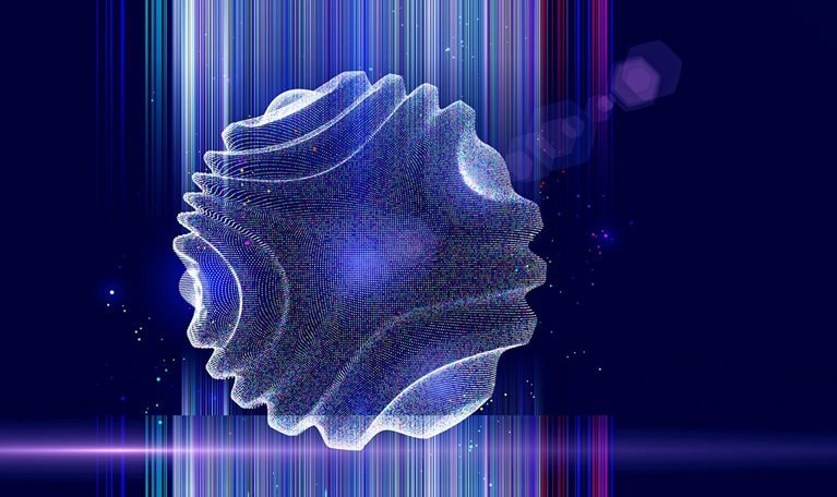 Abstract image of a digital sphere forming dots and color lines on dark blue.