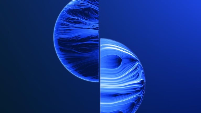 Digital generated image of abstract curved shape with sphere inside connected with many tiny glowing particles organizing cell structure.