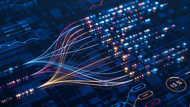 AI powers big data analysis and automation workflows, showcasing neural networks and data streams for business.