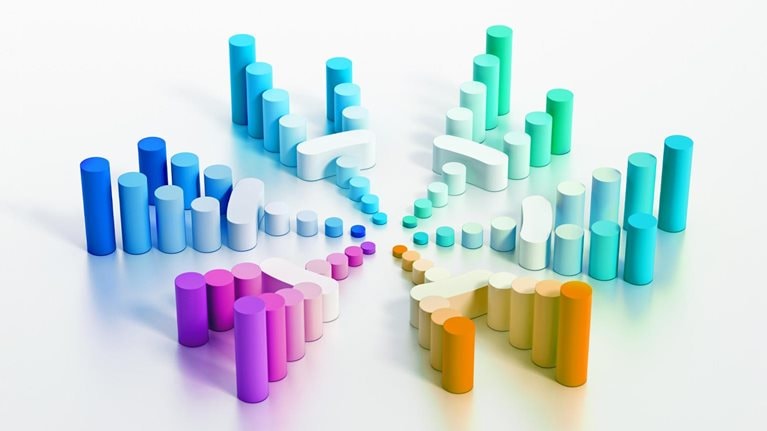 A pattern of colorful cylinders arranged in a circular shape. The height of the cylinders increases as they radiate our from the center.